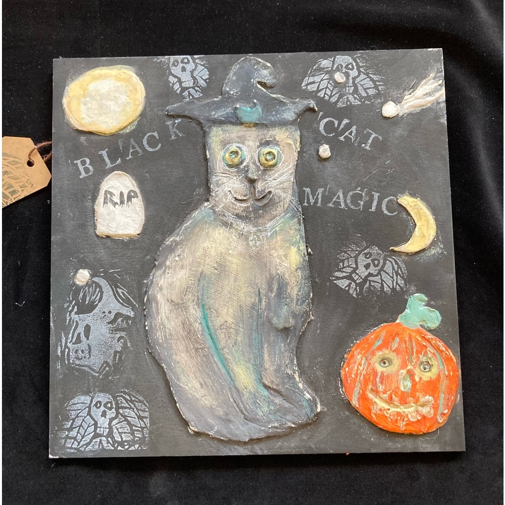 Handmade Acrylic and Paperclay Halloween Black Cat Artwork 12”x12”